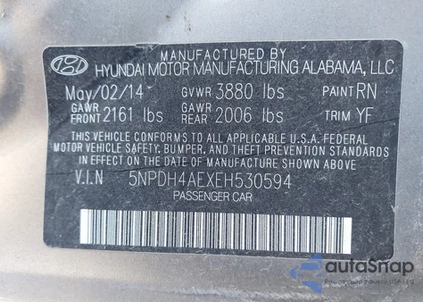 2014 Hyundai Elantra Se из США, поврежденный, VIN 5NPDH4AEXEH530594